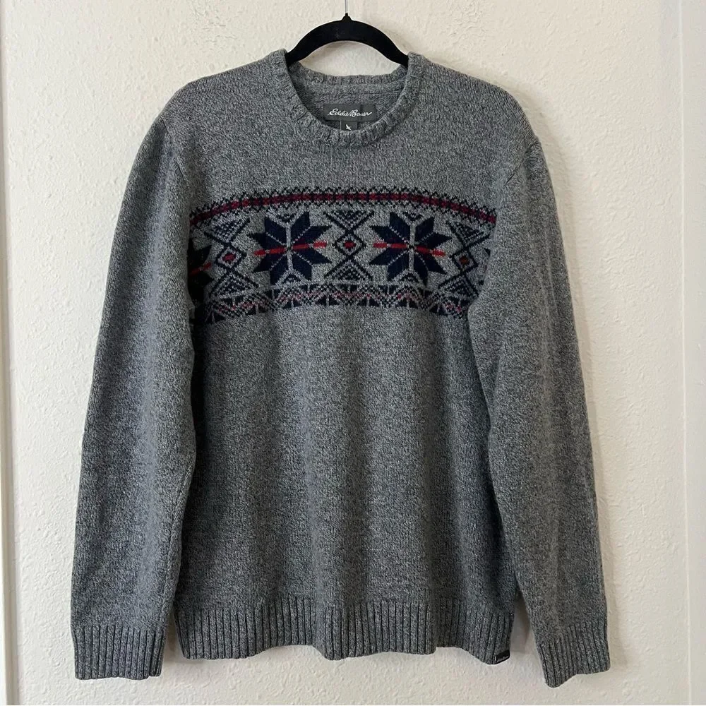 Eddie Bauer Fair Isle Wool Blend Crew Neck Sweater Size XL in Gray - Picture 8 of 8